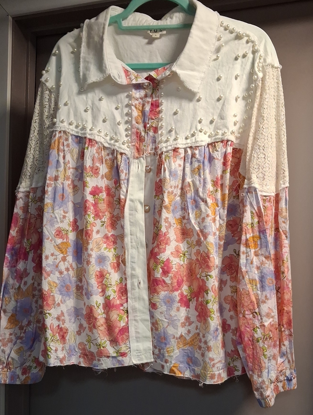 POL Floral Pearl-Accent Button-Down Shirt - White & Multicolor